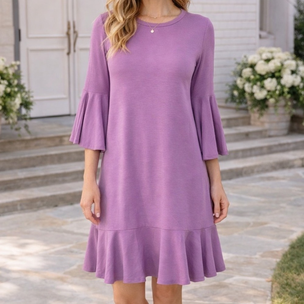 LuLaRoe Maurine Dress Purple Bell Sleeve Ruffle Hem Knit XS New Y1 Spring Summer